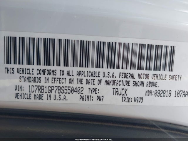 2011 Ram Ram 1500 St მანქანა იყიდება აუქციონზე, vin: 1D7RB1GP7BS550402, აუქციონის ნომერი: 45401858
