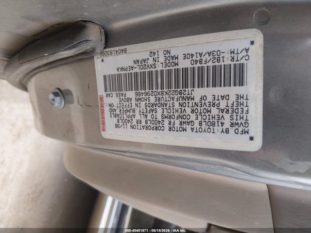 1999 Toyota Camry Le მანქანა იყიდება აუქციონზე, vin: JT2BG22K8X0296466, აუქციონის ნომერი: 45401871