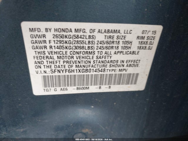 Продажа на аукционе авто 2016 Honda Pilot Lx, vin: 5FNYF6H1XGB014548, номер лота: 45401903