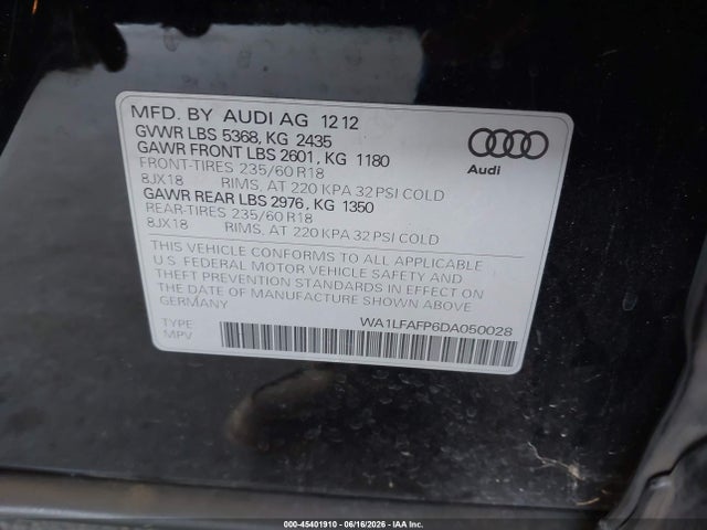 2013 Audi Q5 2.0t Premium მანქანა იყიდება აუქციონზე, vin: WA1LFAFP6DA050028, აუქციონის ნომერი: 45401910