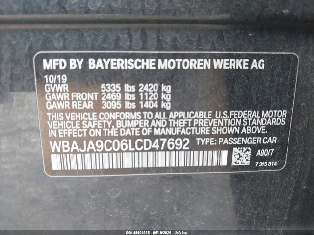 2020 Bmw 530e Iperformance მანქანა იყიდება აუქციონზე, vin: WBAJA9C06LCD47692, აუქციონის ნომერი: 45401935