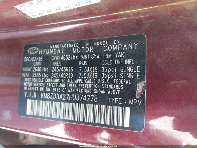 KM8J33A27HU374778 Hyundai Tucson Limited