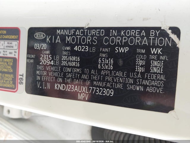 Aukcja sprzedaży 2020 Kia Soul Lx, vin: KNDJ23AUXL7732309, numer aukcji: 45401948