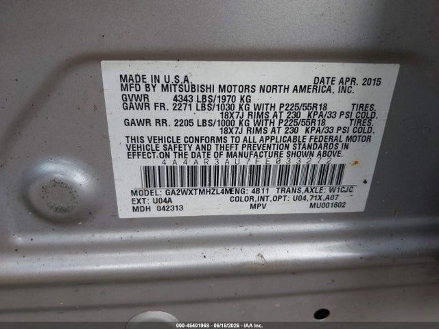 2015 Mitsubishi Outlander Sport Es მანქანა იყიდება აუქციონზე, vin: 4A4AR3AU7FE033272, აუქციონის ნომერი: 45401968