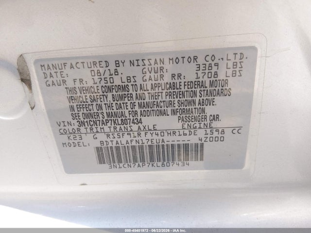 Nissan Versa 1.6 S 2019 3N1CN7AP7KL807434 Image 9