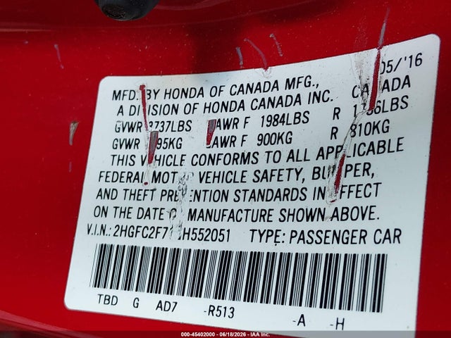2HGFC2F71GH552051 Honda CIVIC EX