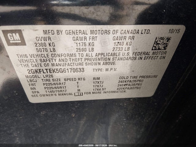 45402059 :رقم المزاد ، 2GKFLTEK5G6170633 vin ، 2016 Gmc Terrain Sle-2 مزاد بيع