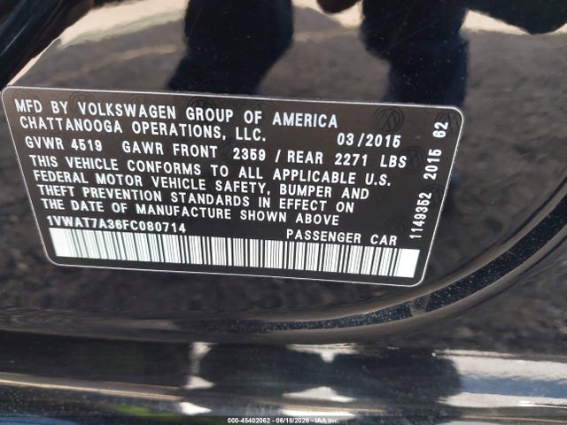 1VWAT7A36FC080714 Volkswagen Passat 1.8t Wolfsburg Edition