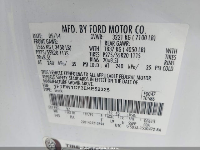 Auction sale of the 2014 Ford F-150 Lariat, vin: 1FTFW1CF3EKE52325, lot number: 45402100