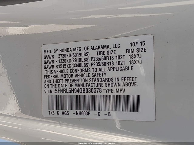 5FNRL5H94GB030578 Honda Odyssey Touring/touring Elite