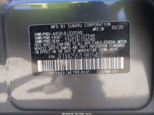 Продаж на аукціоні авто 2020 Subaru Wrx Sti, vin: JF1VA2S67L9815401, номер лоту: 45402108