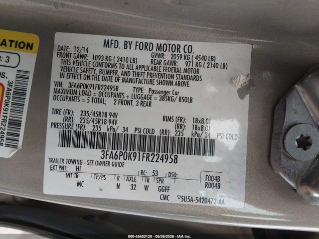 Продаж на аукціоні авто 2015 Ford Fusion Titanium, vin: 3FA6P0K91FR224958, номер лоту: 45402120