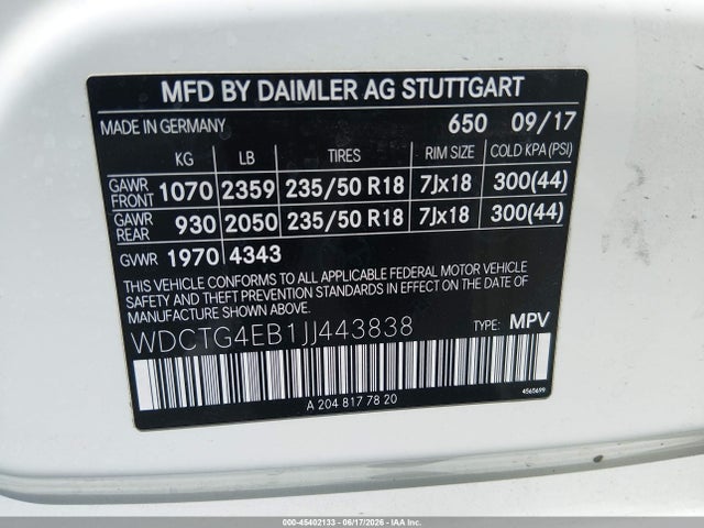 WDCTG4EB1JJ443838 Mercedes-Benz GLA 250