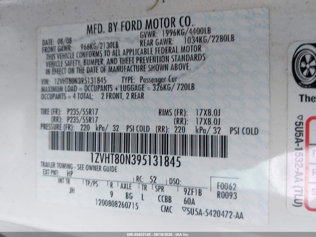 Aukcja sprzedaży 2009 Ford Mustang V6/v6 Premium, vin: 1ZVHT80N395131845, numer aukcji: 45402148