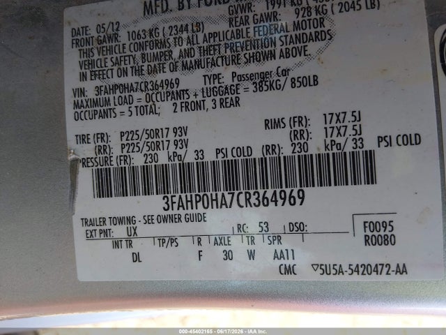Продаж на аукціоні авто 2012 Ford Fusion Se, vin: 3FAHP0HA7CR364969, номер лоту: 45402165