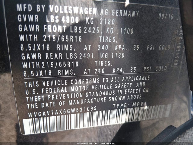 2016 Volkswagen Tiguan S მანქანა იყიდება აუქციონზე, vin: WVGAV7AX6GW531099, აუქციონის ნომერი: 45402168