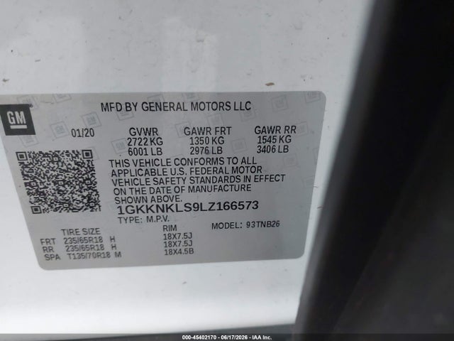 2020 Gmc Acadia Fwd Sle მანქანა იყიდება აუქციონზე, vin: 1GKKNKLS9LZ166573, აუქციონის ნომერი: 45402170
