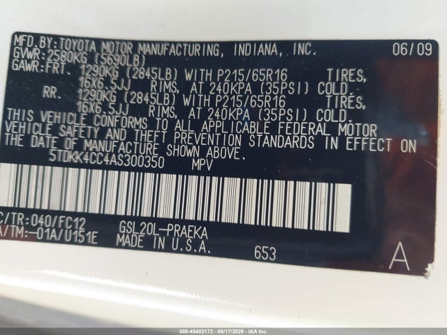 Aukcja sprzedaży 2010 Toyota Sienna Le, vin: 5TDKK4CC4AS300350, numer aukcji: 45402172
