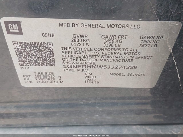 2018 Chevrolet Traverse Lt Leather მანქანა იყიდება აუქციონზე, vin: 1GNERHKW5JJ274339, აუქციონის ნომერი: 45402176