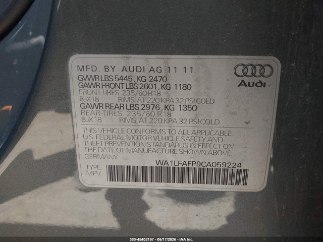 Продажа на аукционе авто 2012 Audi Q5 2.0t Premium, vin: WA1LFAFP9CA059224, номер лота: 45402197