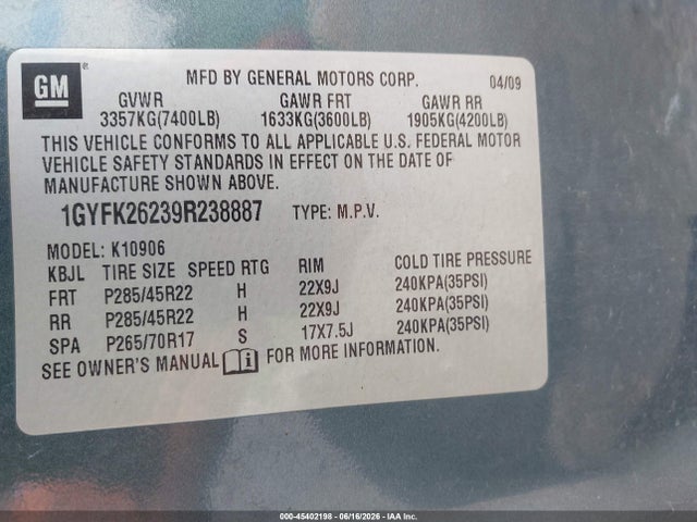 Продажа на аукционе авто 2009 Cadillac Escalade Esv Standard, vin: 1GYFK26239R238887, номер лота: 45402198