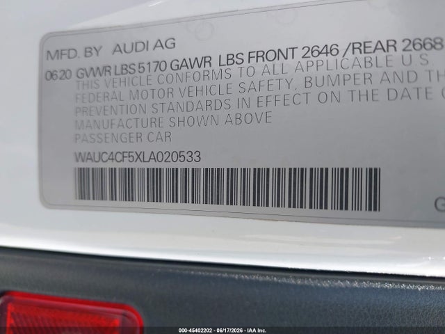 Aukcja sprzedaży 2020 Audi S5 Sportback Premium Plus Tfsi Quattro Tiptronic, vin: WAUC4CF5XLA020533, numer aukcji: 45402202