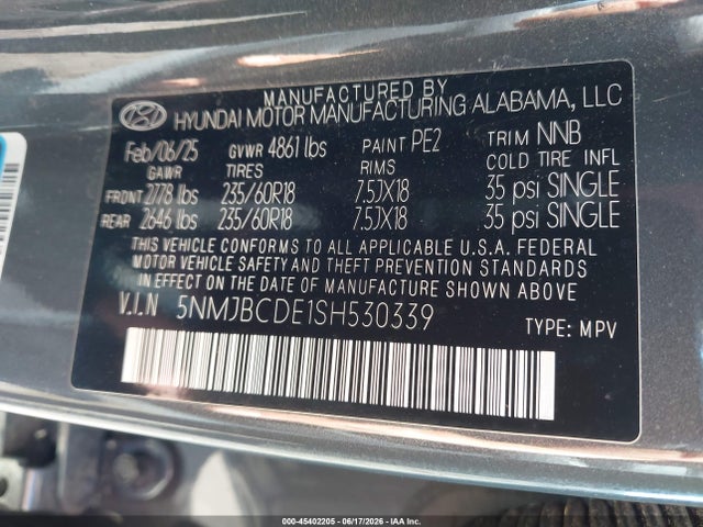 Aukcja sprzedaży 2025 Hyundai Tucson Sel, vin: 5NMJBCDE1SH530339, numer aukcji: 45402205