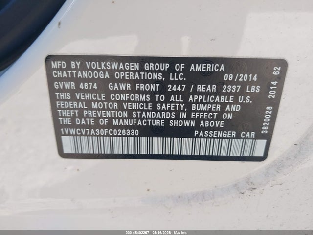 Aukcja sprzedaży 2015 Volkswagen Passat 2.0l Tdi Sel Premium, vin: 1VWCV7A30FC026330, numer aukcji: 45402207