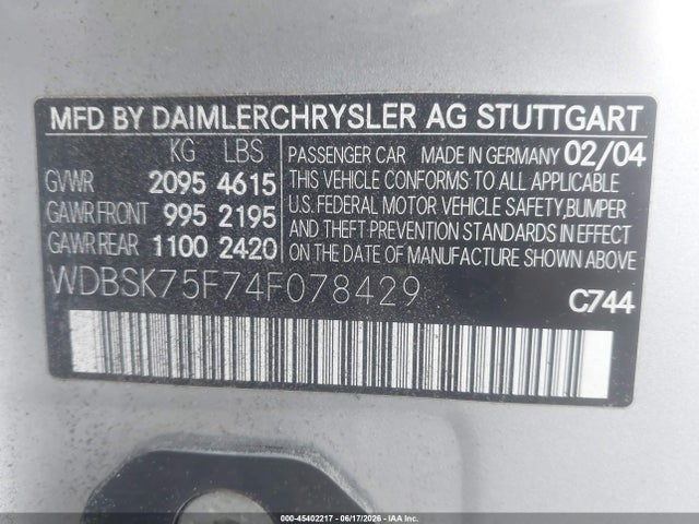Aukcja sprzedaży 2004 Mercedes-benz Sl 500, vin: WDBSK75F74F078429, numer aukcji: 45402217