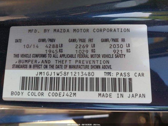 2015 Mazda Mazda6 I Grand Touring მანქანა იყიდება აუქციონზე, vin: JM1GJ1W58F1213480, აუქციონის ნომერი: 45402219