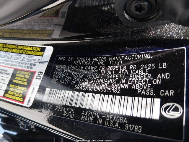 Aukcja sprzedaży 2022 Lexus Es 300h F Sport, vin: 58AGA1C13NU015182, numer aukcji: 45402227