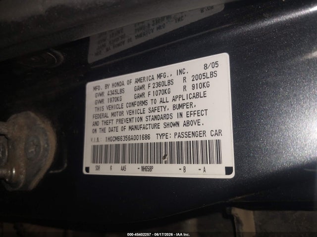 45402257 :رقم المزاد ، 1HGCM66356A001686 vin ، 2006 Honda Accord 3.0 Lx مزاد بيع