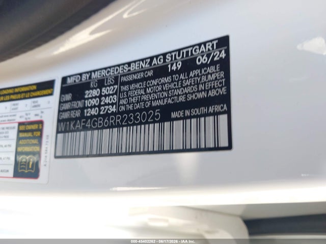 Aukcja sprzedaży 2024 Mercedes-benz C 300, vin: W1KAF4GB6RR233025, numer aukcji: 45402262