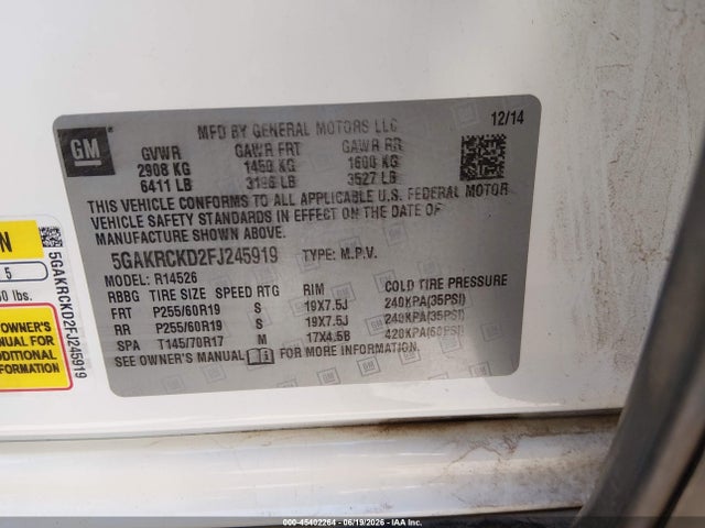 Продаж на аукціоні авто 2015 Buick Enclave Premium, vin: 5GAKRCKD2FJ245919, номер лоту: 45402264