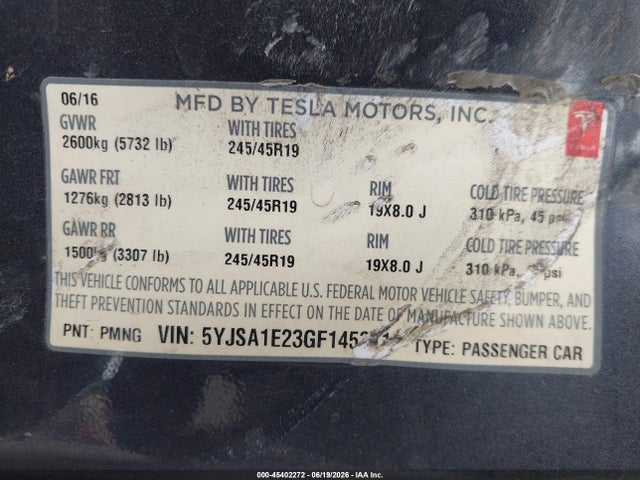 Продажа на аукционе авто 2016 Tesla Model S 60d/70d/75d/85d/90d, vin: 5YJSA1E23GF145311, номер лота: 45402272