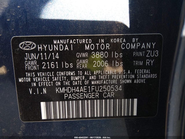 Aukcja sprzedaży 2015 Hyundai Elantra Se, vin: KMHDH4AE1FU250534, numer aukcji: 45402291