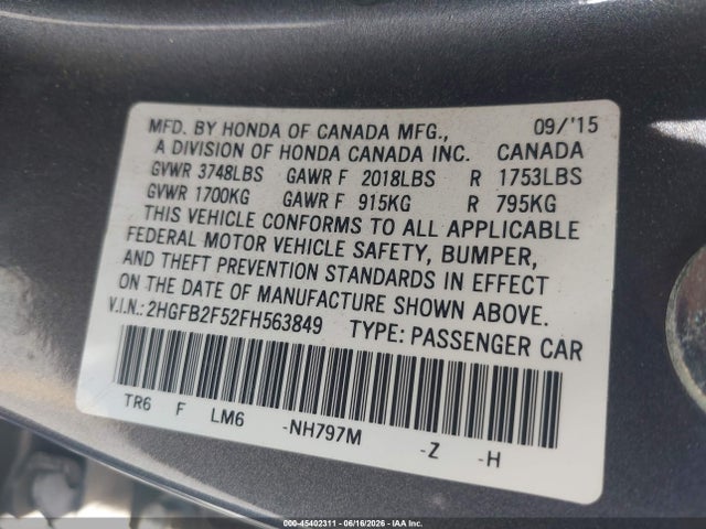 Honda Civic Lx 2015 2HGFB2F52FH563849 Image 9