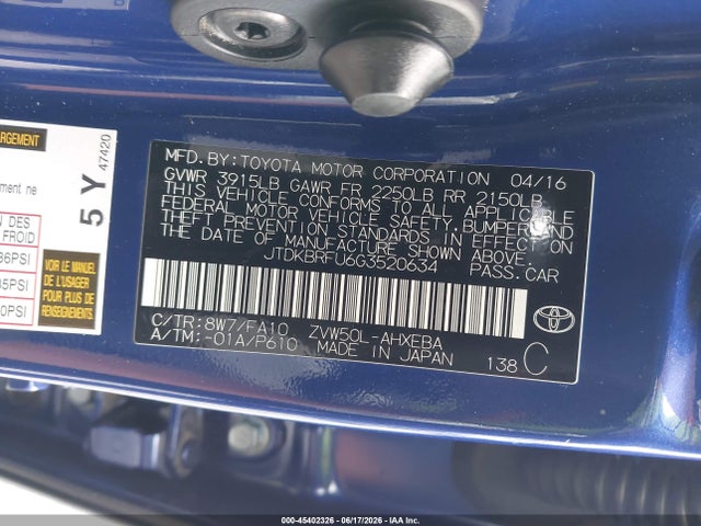 Toyota Prius Two 2016 JTDKBRFU6G3520634 Image 9