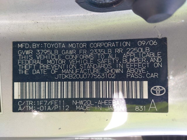 Продаж на аукціоні авто 2007 Toyota Prius, vin: JTDKB20U077563102, номер лоту: 45402331