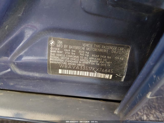 Продажа на аукционе авто 2007 Bmw 328i, vin: WBAVA33517KX76645, номер лота: 45402333