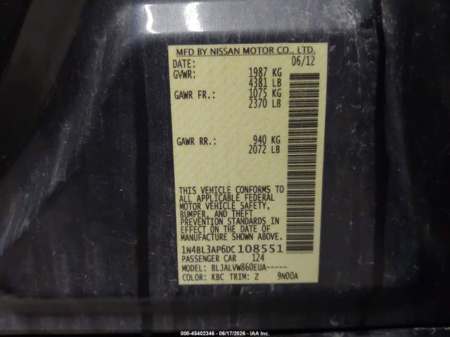 2013 Nissan Altima 3.5 Sl მანქანა იყიდება აუქციონზე, vin: 1N4BL3AP6DC108551, აუქციონის ნომერი: 45402346