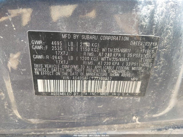 Subaru Outback 2.5i Premium 2018 4S4BSAFC1J3320952 Image 9