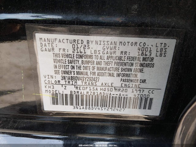 Aukcja sprzedaży 2025 Nissan Sentra Sr, vin: 3N1AB8DV4SY292427, numer aukcji: 45402362