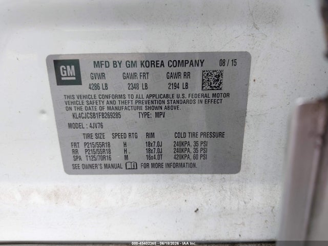 45402365 :رقم المزاد ، KL4CJCSB1FB269285 vin ، 2015 Buick Encore Leather مزاد بيع