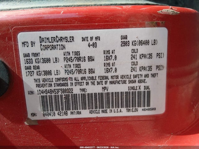 Aukcja sprzedaży 2003 Dodge Durango Slt, vin: 1D4HS48N53F580922, numer aukcji: 45402377