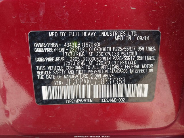 45402385 :رقم المزاد ، JF2GPAKC7E8337363 vin ، 2014 Subaru Xv Crosstrek 2.0i Limited مزاد بيع