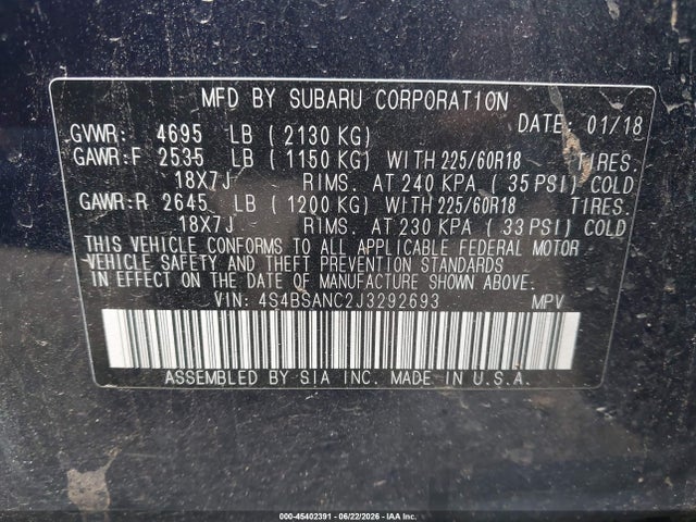 2018 Subaru Outback 2.5i Limited მანქანა იყიდება აუქციონზე, vin: 4S4BSANC2J3292693, აუქციონის ნომერი: 45402391