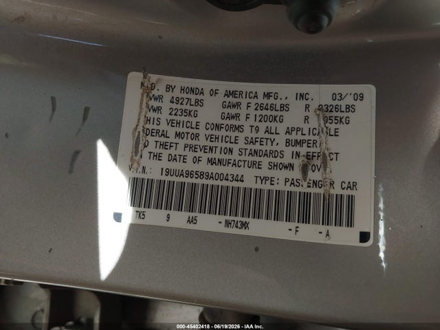 45402418 :رقم المزاد ، 19UUA96589A004344 vin ، 2009 Acura Tl 3.7 مزاد بيع