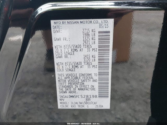 Auction sale of the 2015 Infiniti Qx60, vin: 5N1AL0MN5FC528198, lot number: 45402427