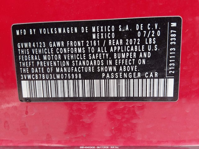 2020 Volkswagen Jetta 1.4t R-line/1.4t S/1.4t Se მანქანა იყიდება აუქციონზე, vin: 3VWCB7BU3LM075998, აუქციონის ნომერი: 45402430